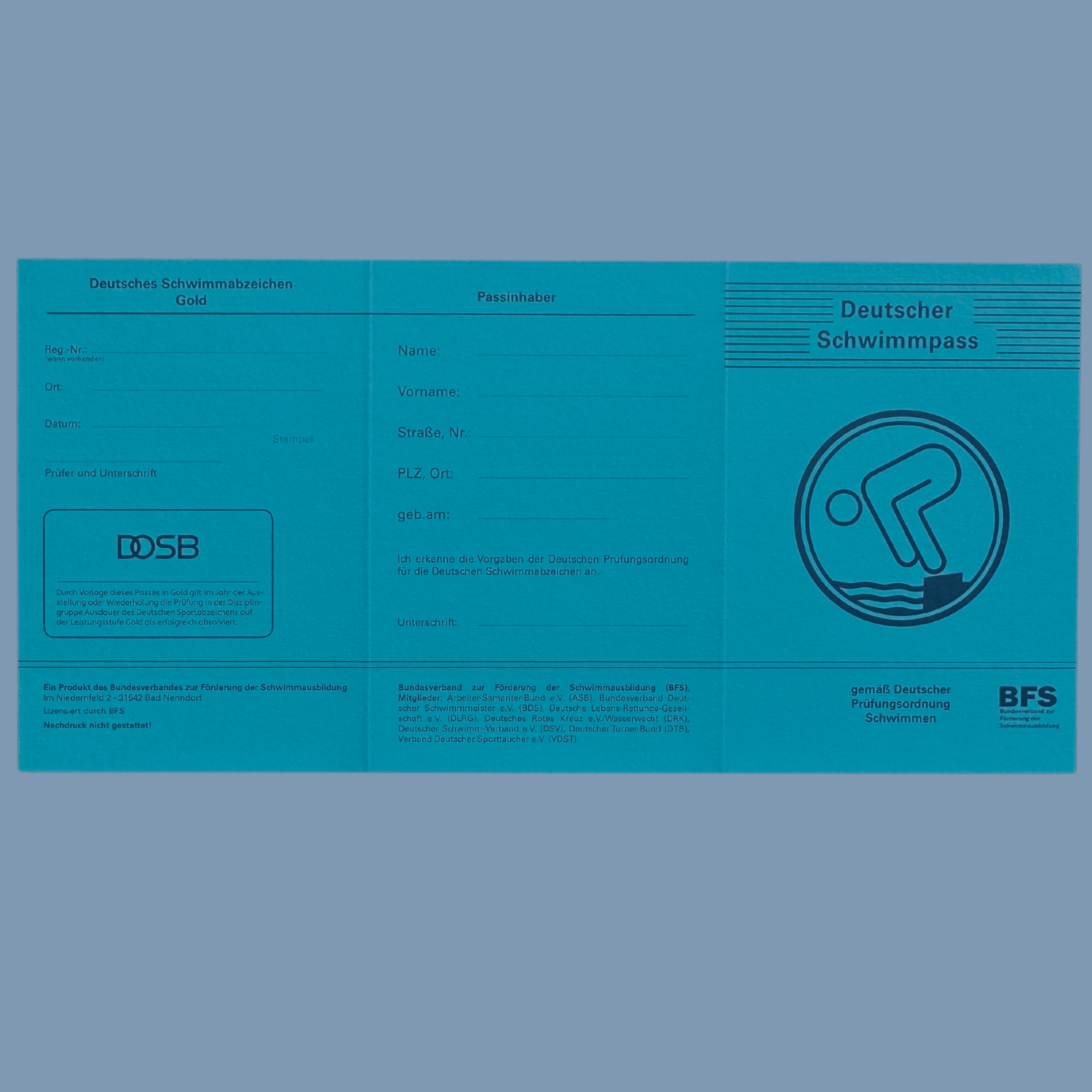 Deutscher Schwimmpass Vorderseite – offizielles Nachweisdokument für Schwimmabzeichen Bronze, Silber und Gold bei AquaFit