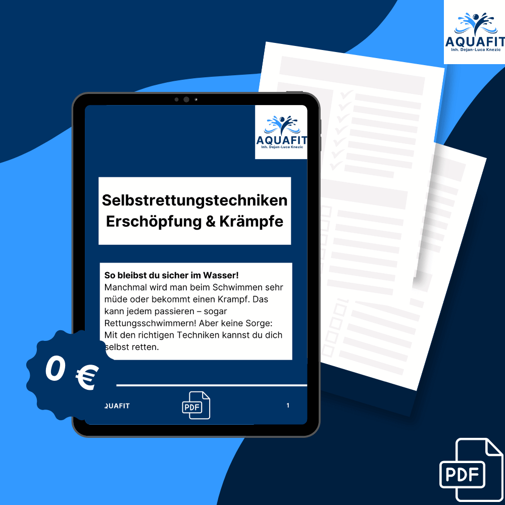 Digitales Cover eines kostenlosen PDFs mit dem Titel „Selbstrettungstechniken – Erschöpfung & Krämpfe“. Das Cover zeigt ein Tablet mit der PDF-Vorschau, das AquaFit-Logo und eine blaue Preisplakette mit „0 €“. Im Hintergrund liegen ausgedruckte Dokumente. Ein PDF-Symbol deutet den Download an.