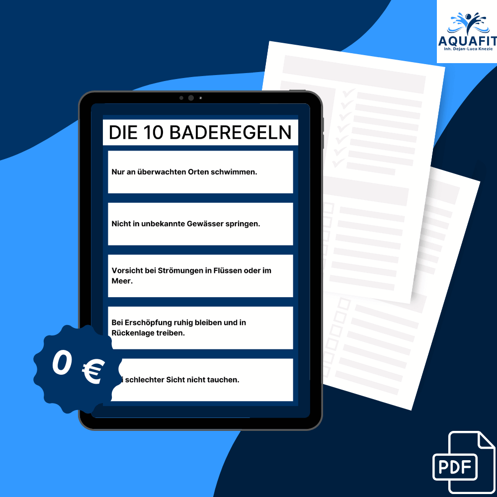 Tablet mit einer PDF-Vorschau der "10 Baderegeln" für Fortgeschrittene. Das AquaFit-Logo ist oben rechts, und im Hintergrund liegen Checklisten. Ein kostenloser PDF-Download wird hervorgehoben.