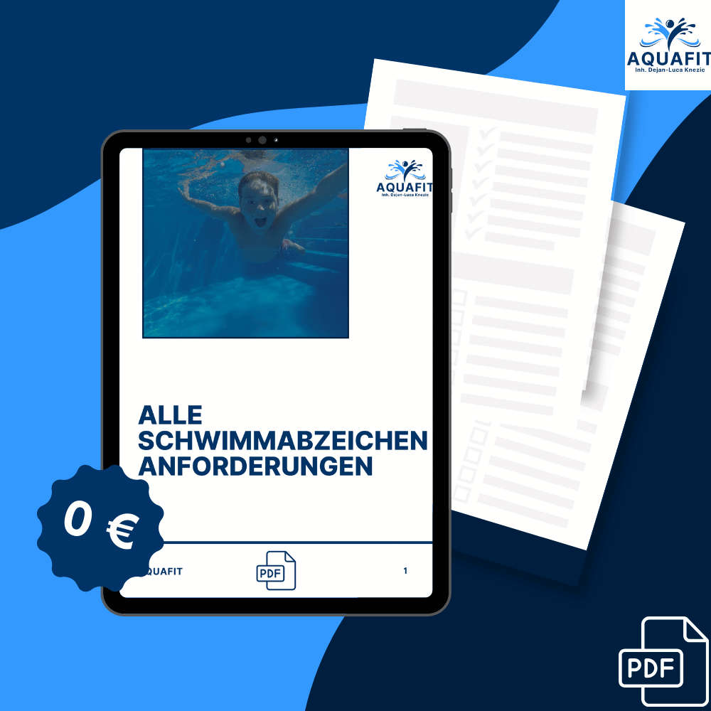 Kostenloses PDF mit allen Schwimmabzeichen-Anforderungen, dargestellt auf einem Tablet mit AquaFit-Branding. Perfekt zur Vorbereitung auf Seepferdchen, Bronze, Silber und Gold.