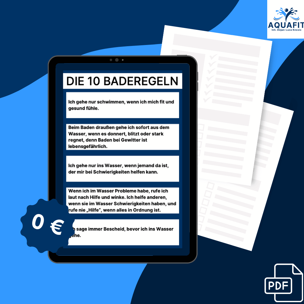 Kostenloses PDF mit den 10 Baderegeln für sicheres Schwimmen, dargestellt auf einem Tablet mit AquaFit-Branding. Perfekt für Kinder und Anfänger zur Unfallprävention im Wasser.