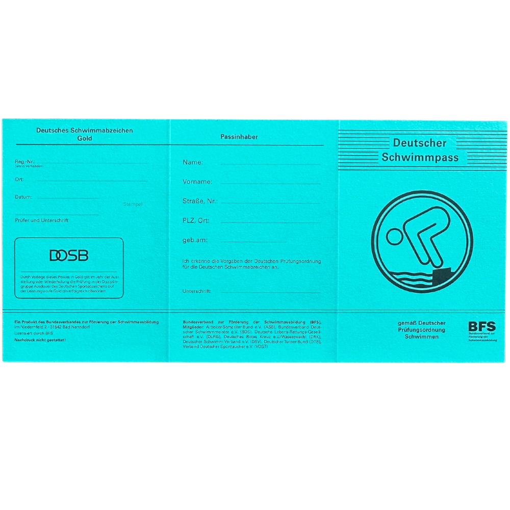 Deutscher Schwimmpass Vorderseite – offizielles Dokument mit Eintragungsfeldern für Name, Adresse und Prüfungsordnung nach BFS