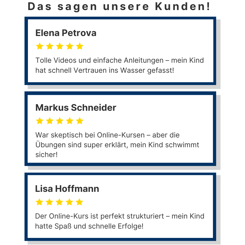 Kundenbewertungen für AquaFit Online-Kurs – Positive Rückmeldungen von Eltern zu einfachen Anleitungen, schneller Vertrauensbildung und sicheren Schwimmtechniken.
