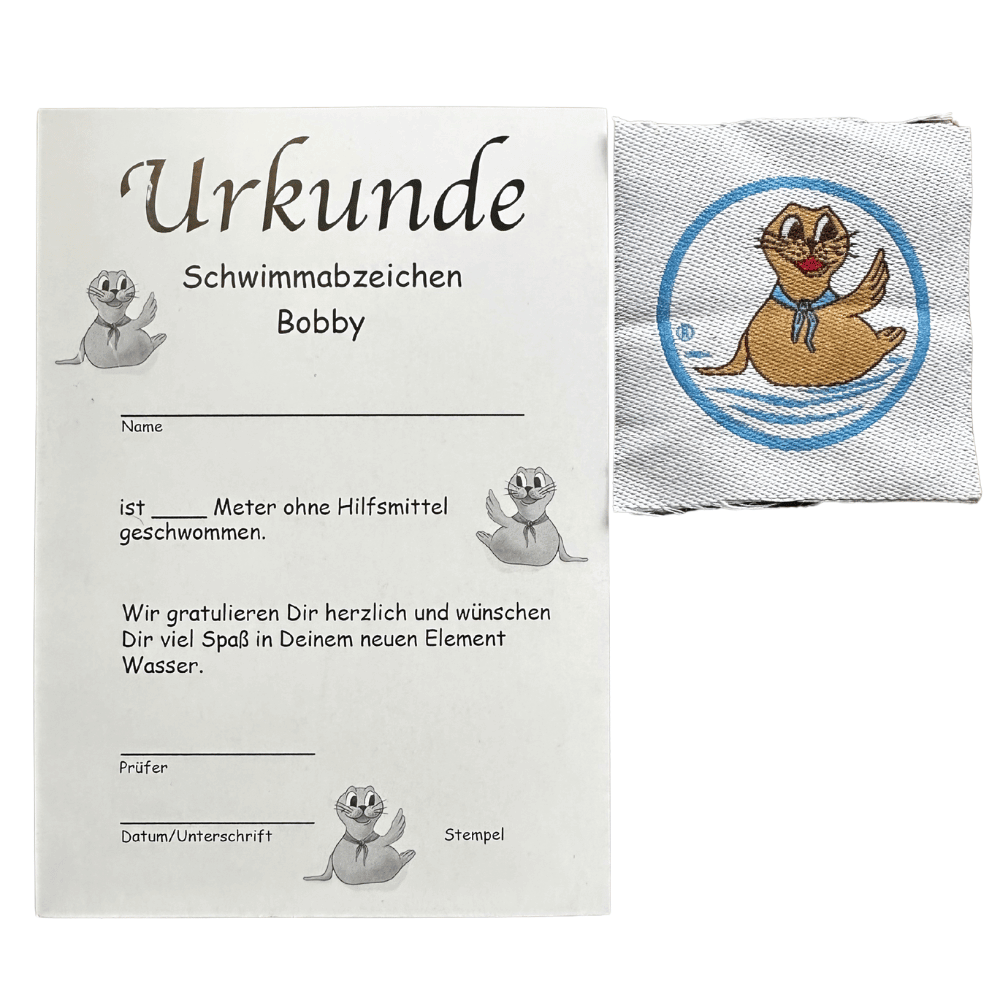 Robbe Bobby Urkunde mit ausfüllbarem Feld und Stoffabzeichen – ohne Stempel und Unterschrift