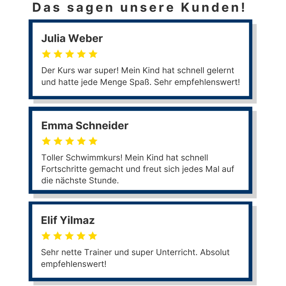Kundenbewertungen für AquaFit Schwimmkurse. Drei zufriedene Eltern berichten über die positiven Erfahrungen ihrer Kinder. Bewertungen von Julia Weber, Emma Schneider und Elif Yılmaz mit fünf Sternen für schnellen Lernerfolg, Spaß und freundliche Trainer.