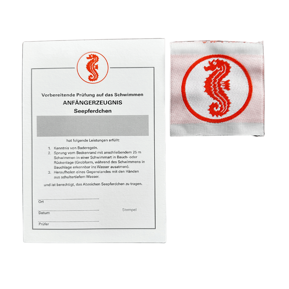 Seepferdchen Schwimmabzeichen mit Urkunde – Prüfungsnachweis für Kinder mit rotem Stoffabzeichen zum Aufnähen