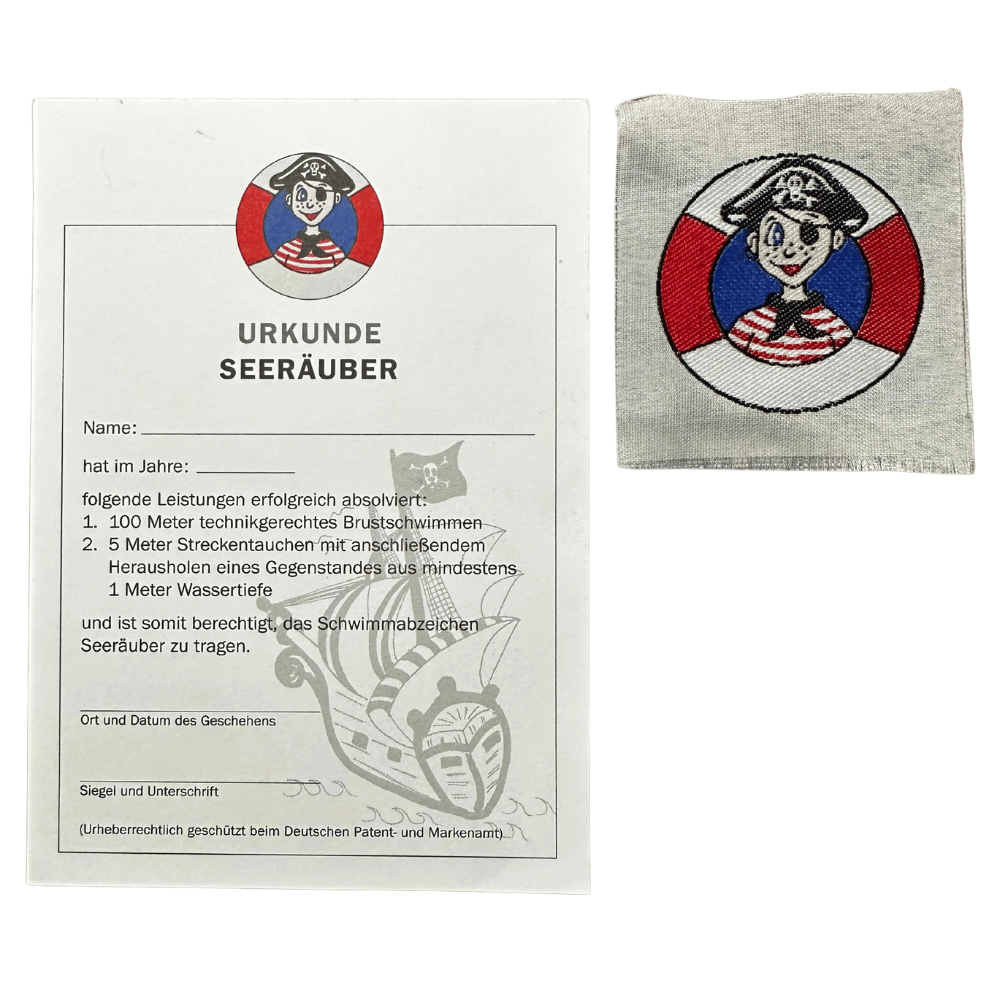 Urkunde zum Seeräuber Schwimmabzeichen mit Stoffabzeichen – Piratenmotiv, schwarz-rot-weiß auf grauem Stoff
