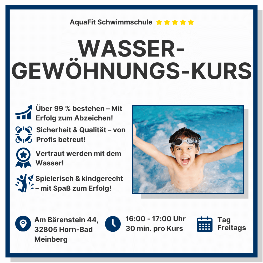 Fröhliche Kinder beim Schwimmen unter Wasser. Werbebild für den AquaFit Wassergewöhnungskurs mit Kursinformationen: Freitags, 16:00 - 17:00 Uhr, 30 Minuten pro Kurs. Standort: Am Bärenstein 44, 32805 Horn-Bad Meinberg.