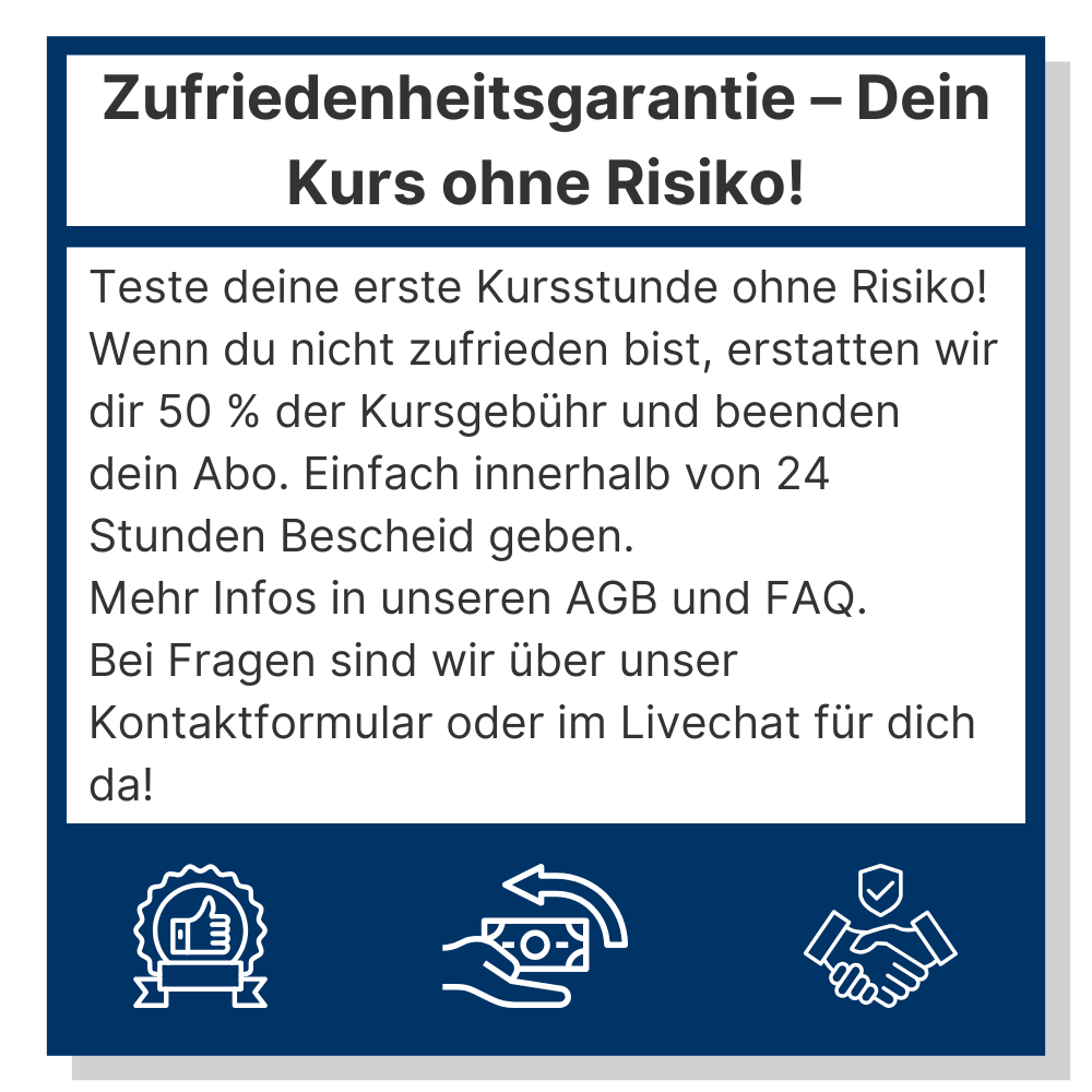 Zufriedenheitsgarantie bei AquaFit Schwimmkursen. Erste Kursstunde ohne Risiko testen – bei Unzufriedenheit 50 % Rückerstattung und Abo-Beendigung innerhalb von 24 Stunden. Icons für Garantie, Geld-zurück und Vertrauen.