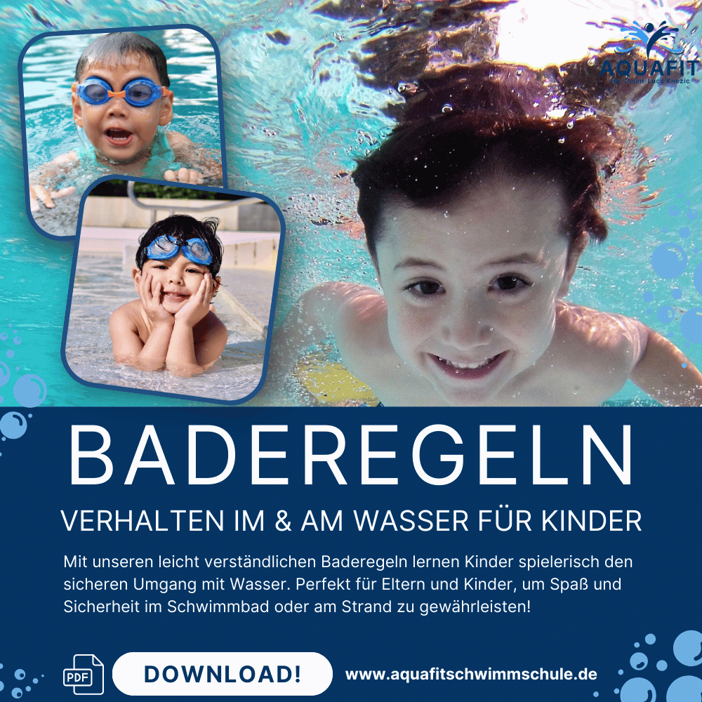 Lächelndes Kind unter Wasser mit Schwimmbrille, begleitet von zwei weiteren Kindern, die sicher am Pool entspannen – AquaFit informiert über wichtige Baderegeln für Kinder zur Sicherheit im Wasser.