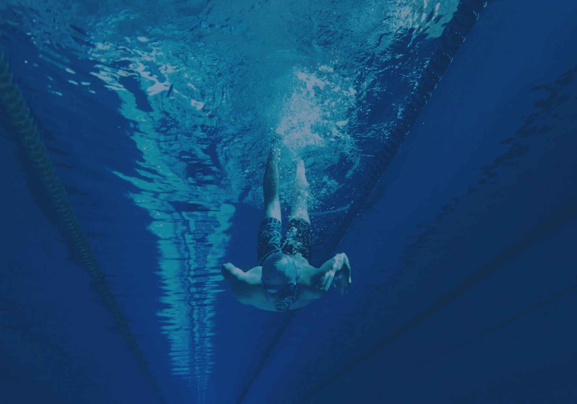 Sportlicher Schwimmer taucht mit Schwimmbrille unter Wasser in einem Schwimmbecken.
