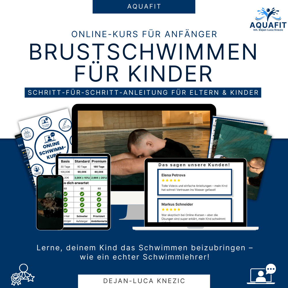 AquaFit Online-Kurs für Anfänger – Schritt-für-Schritt-Anleitung zum Brustschwimmen für Kinder. Enthält Kursdetails, Kundenbewertungen und Bild eines Trainers im Wasser.