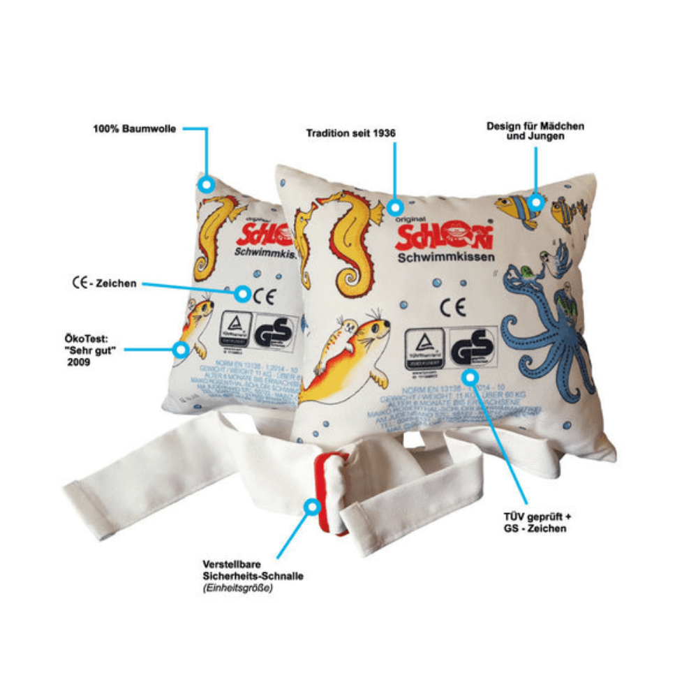 Schloris Schwimmkissen mit verschiedenen Details und Auszeichnungen: Hergestellt aus 100% Baumwolle, Tradition seit 1936, kindgerechtes Design für Mädchen und Jungen. Mit CE-Zeichen, TÜV geprüft und GS-Zeichen, ausgezeichnet von ÖkoTest mit 'Sehr gut' im Jahr 2009. Verstellbare Sicherheitsschnalle für Einheitsgrößen.