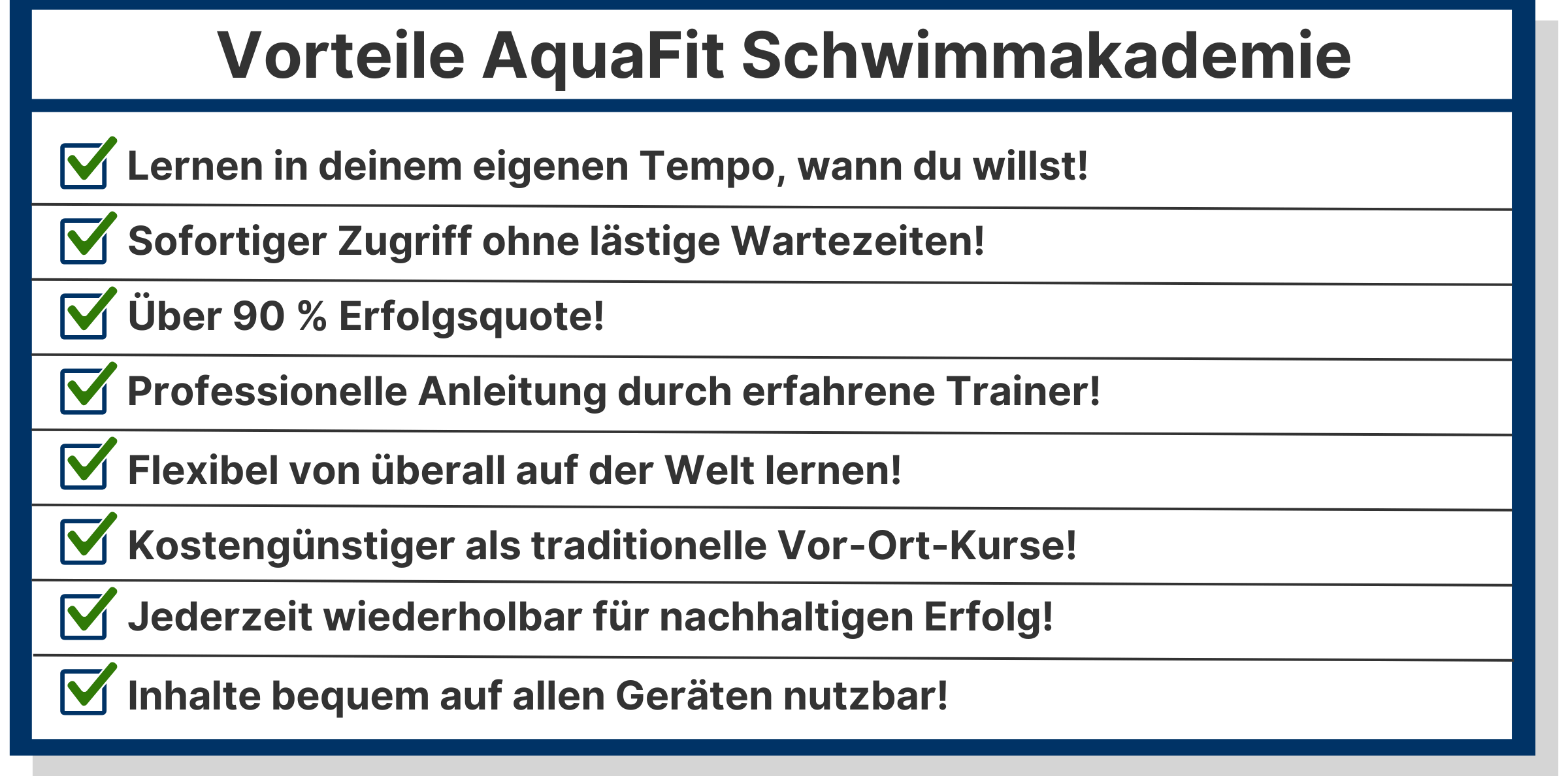 Die Vorteile der AquaFit Schwimmakademie: Flexibles Lernen, sofortiger Zugriff, hohe Erfolgsquote und professionelle Trainer für nachhaltigen Lernerfolg.